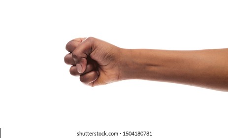 Power Concept. Black Woman's Hand With Clenched Fist, Fight Gesture, Ready To Punch, Isolated On White Background.