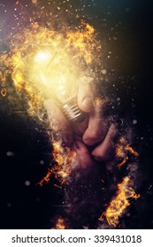 Power of creative energy and new ideas and understandings, hand with light bulb as metaphor of innovation and creativity, retro toned image, selective focus.