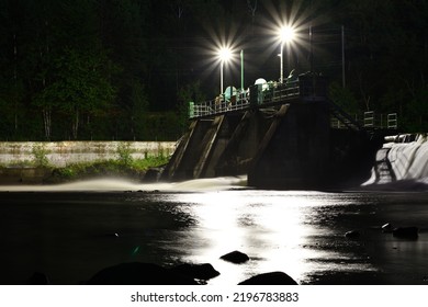 Power Dam On Magog River Sherbrooke Area At Night. 