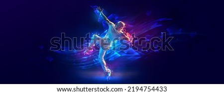 Power and energy. Flyer with young stylish man, breakdanc dancer in motion over dark background with neon colorful elements. Youth culture, movement, street style and fashion, action.