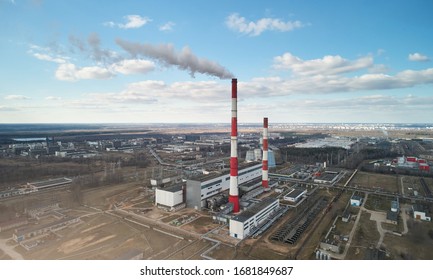 Power Factory Plant On Field Above Drone Top View