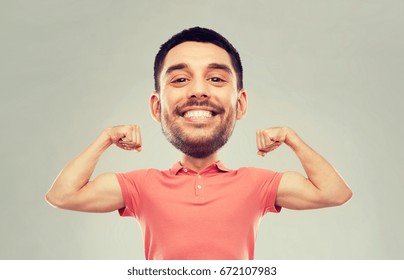 Power, Fitness, Strength, Sport And People Concept - Happy Smiling Young Man Showing Biceps Over Gray Background (funny Cartoon Style Character With Big Head)