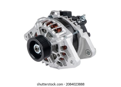 Power generator isolated on white background. New car generator with the shaft isolated. Automotive power generating alternator. Quality spare parts for car service or maintenance