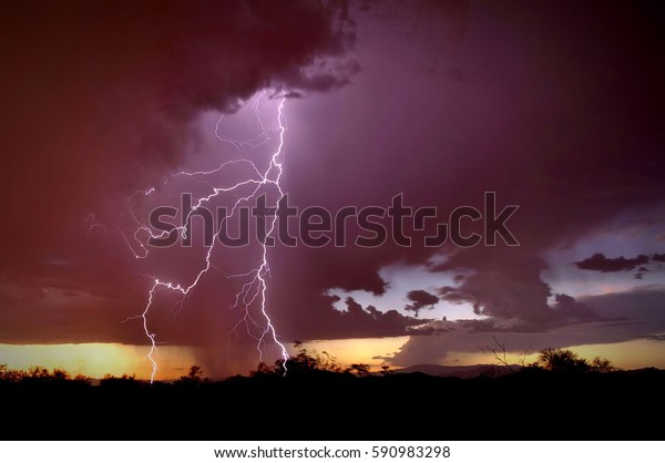 アリゾナ州フェニックスのソノラン砂漠で雷の神の力が打ち 暗い紫の空と黒い前景のシルエットを持つ の写真素材 今すぐ編集