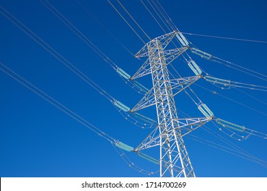 Power line and clear sky in Zaragoza province, Aragon in Spain.