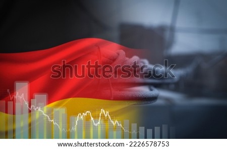 Power line covered with frost on the background of the flag of Germany. Energy crisis concept with infographics. copyspace.
