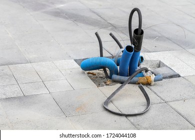 Power Line Underground Works On The Street, оpen Underground Electricity Cables