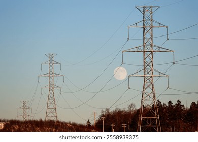 Power line in the winter forest against the blue sky and the moon - Powered by Shutterstock