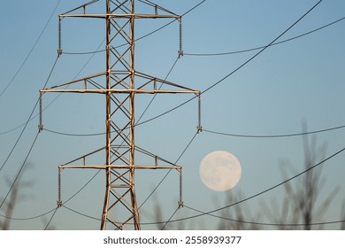 Power line in the winter forest against the blue sky and the moon - Powered by Shutterstock