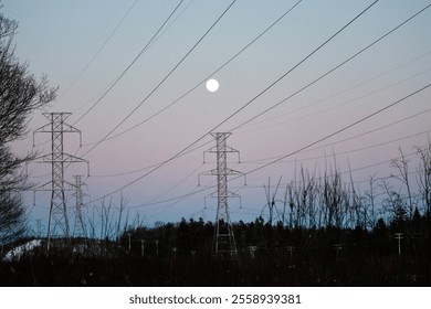 Power line in the winter forest against the blue sky and the moon - Powered by Shutterstock