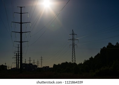Power lines against the background of the city. Russia, Kazan. 06/17/2018
