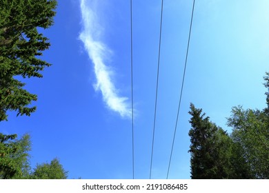 Power Lines In Nature Against A Blue Sky. Three Phases. Jämtland, Sweden, 2022.