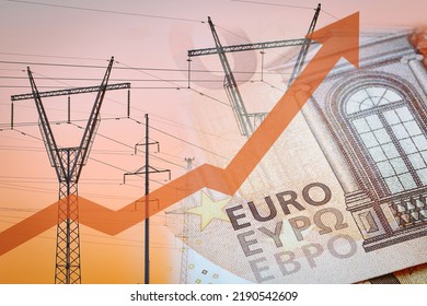 Power lines next to euro notes with rising up arrow. Energy crisis in Europe. Price increase of electricity for home heating and industry.