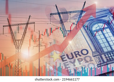 Power lines next to euro notes with stock chart and rising up arrow. Energy crisis in Europe. Price increase of electricity consumptions for home and industry. Electricity trade. - Shutterstock ID 2194661177