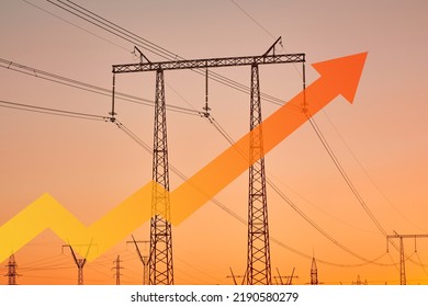 Power Lines And Rising Up Arrow. Energy Crisis In World. Price Increase Of Electricity Consuptionfor Home And Industry. Increasing Demand Or Shortage Of Electricity Concept.