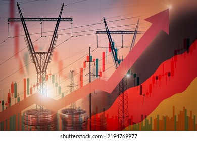 Power lines silhouettes next to Germany flag with stock chart and rising up arrow. Energy crisis in Germany. Price increase of electricity consumptions for home and industry. Electricity trade. - Shutterstock ID 2194769977