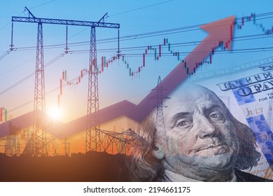 Power Lines With Stock Chart And Rising Up Arrow. Energy Crisis In World. Price Increase Of Electricity Consumptions Home And Industry. Increasing Demand Or Shortage Of Electricity Concept.