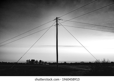 Power Lines Texas In Open Field Silhouette 