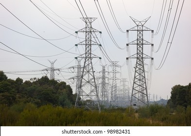 Power Lines And Towers On Cloudy Day. Melbourne. Australia.