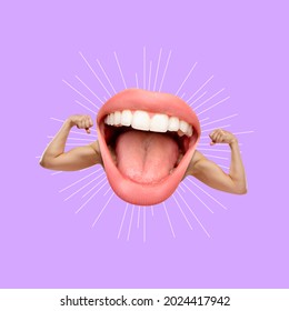 Power of media. Copy space for design. Smiling female mouth with muscular hands over purple background. Stylish composition, youth culture, magazine style.