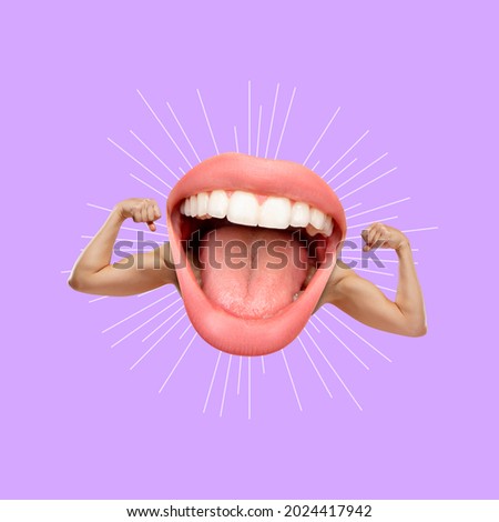 Power of media. Copy space for design. Smiling female mouth with muscular hands over purple background. Stylish composition, youth culture, magazine style.