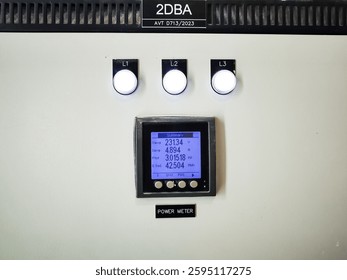 A power meter display featuring numeric readings and control dials, showcasing electric measurements and monitoring technology for various applications. - Powered by Shutterstock - Get 15% off with code: PIKWIZARD15
