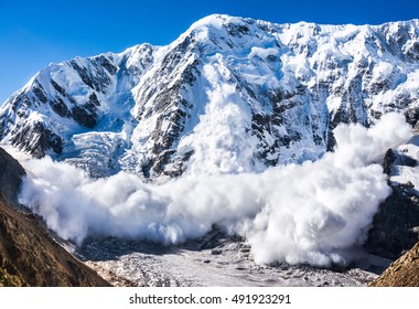 Power of nature. Real huge avalanche comes from a big mountain, Shkhara, 5.193 m, Caucasus, Kabardino-Balkaria, Bezengi region, Russia - Shutterstock ID 491923291