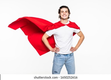 power and people concept - happy man in red superhero cape over white - Shutterstock ID 1650252616
