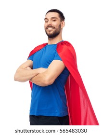 power and people concept - happy man in red superhero cape over white