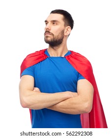 Power And People Concept - Man In Red Superhero Cape Over White