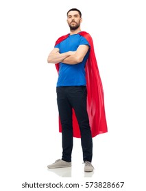 Power And People Concept - Man In Red Superhero Cape Over White