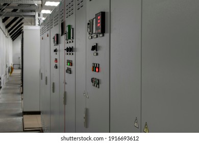 Power plant electrical substation gear shifting, industrial electrical panel, substation control, security and protection systems. Selective focus. 