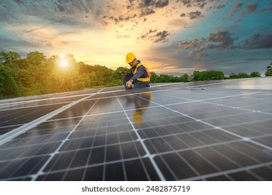 A power plant engineer installs solar panels To inspect the solar panels, engineers use tablets Technology for renewable energy and sustainability Future sources of alternative energy