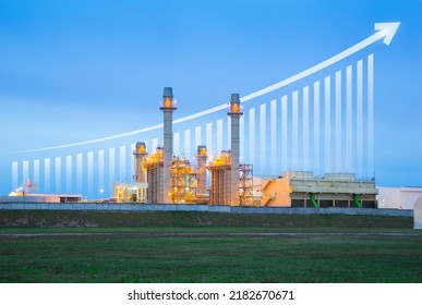 Power plant, gas fired power station. Include increasing bar chart, graph, arrow. Industrial factory may called combined cycle gas turbine plant. Concept for growth in electricity energy generation.
 - Shutterstock ID 2182670671
