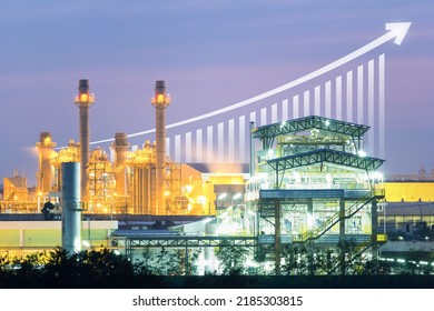 Power Plant, Gas Fired Power Station. Include Increasing Bar Chart, Graph, Arrow. Industrial Factory May Called Combined Cycle Gas Turbine Plant. Concept For Growth In Electricity Energy Generation.
