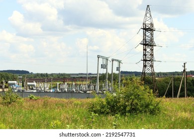 Power Plant In Rural Area. High Voltage Power Lines