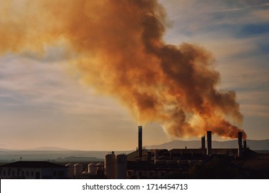 Power Plant, Smoke From The Chimney. Air Pollution Environmental Contamination, Ecological Disaster Earth Planet Problems Concept. Photo Taken In Spain, Espana