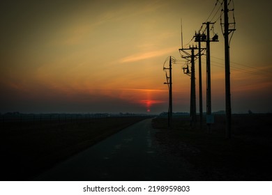 Power Poles In The Dark Sky, Power Cut - No Electricity - Blackout