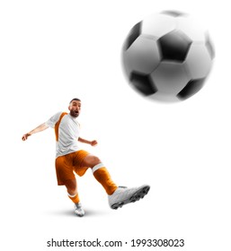 Power Soccer Kick. A Soccer Player Kicks The Ball. Professional Soccer Player In Action. Isolated. Sport