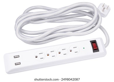 Power strip. Surge protector with 4 Outlets, 2 USB Ports type A class 5V 2.1A. Extension electric cord. White braided cord, with flat plug. Wall Mount, desktop charging station for home, office, dorm.