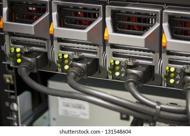 Power Supplies On Server In Rack. Shot In Data Center.