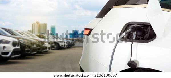 Power supply
connect to electric car for add charge to the battery. Charging re
technology industry transport which are the future of the
Automobile with city
background.	