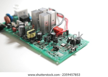Power Supply modern printed-circuit board with electronic components with transistor. PCB detail. Electrical engineering.