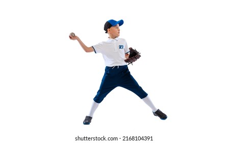 Power throw. Little boy, baseball player, pitcher in blue-white uniform training isolated on white studio background. Concept of sport, achievements, studying, competition. Copy space for ad - Powered by Shutterstock