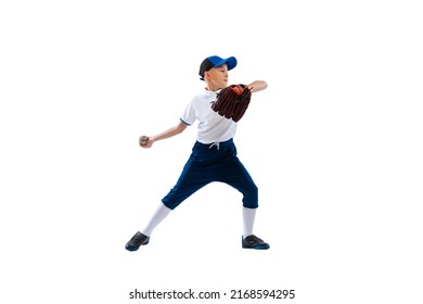 Power throw. Little boy, baseball player, pitcher in blue-white uniform training isolated on white studio background. Concept of sport, achievements, studying, competition. Copy space for ad - Powered by Shutterstock