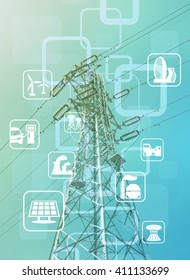 Power Transmission Tower And Smart Energy, Smart Grid, Renewable Energy Icons, Abstract Image Visual