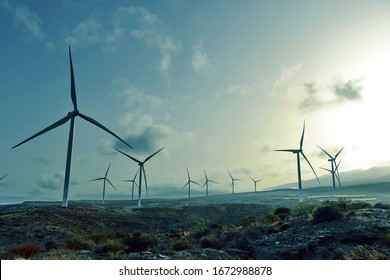power wind turbines at sunset