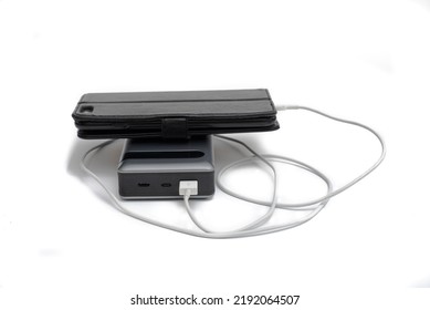 Powerbank Charger And Smartphone Are Connected By Usb Wire