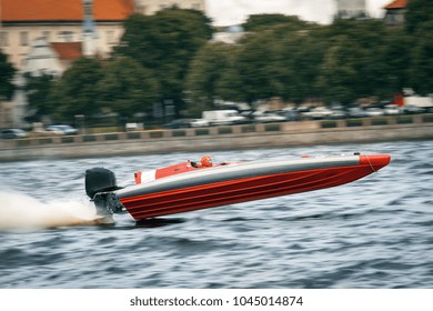 Powerboat Go Fast. Boat Jump Out Of The Water