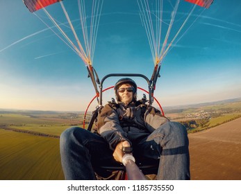 Powered Paragliding Tandem Flight, Man Taking Selfie With Action Camera